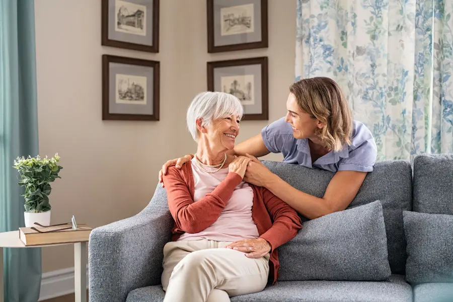 Mother and daughter on sofa